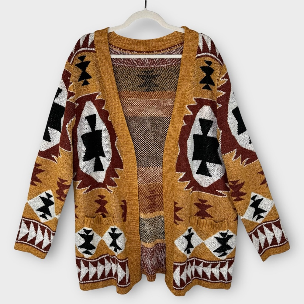 Aztec Southwest Geometric Long Knitted Cardigan Sweater Coat XL Boutique Mustard - Picture 8 of 8